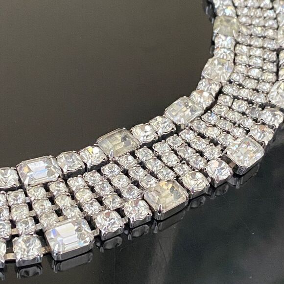 Weiss Signed Vintage Rhinestone Wide Five Row Statement Bracelet W/ Safety Chain - Picture 8 of 9
